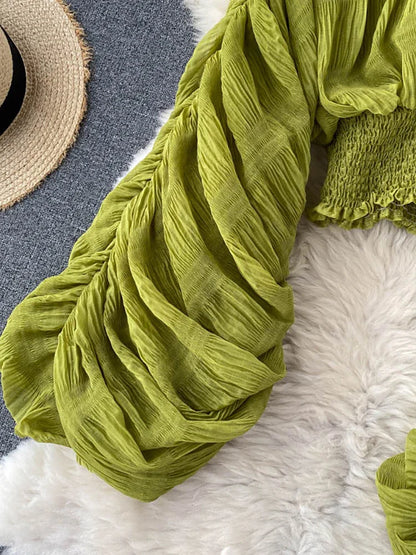 V-Neck Puff Sleeve Draped Chiffon Top