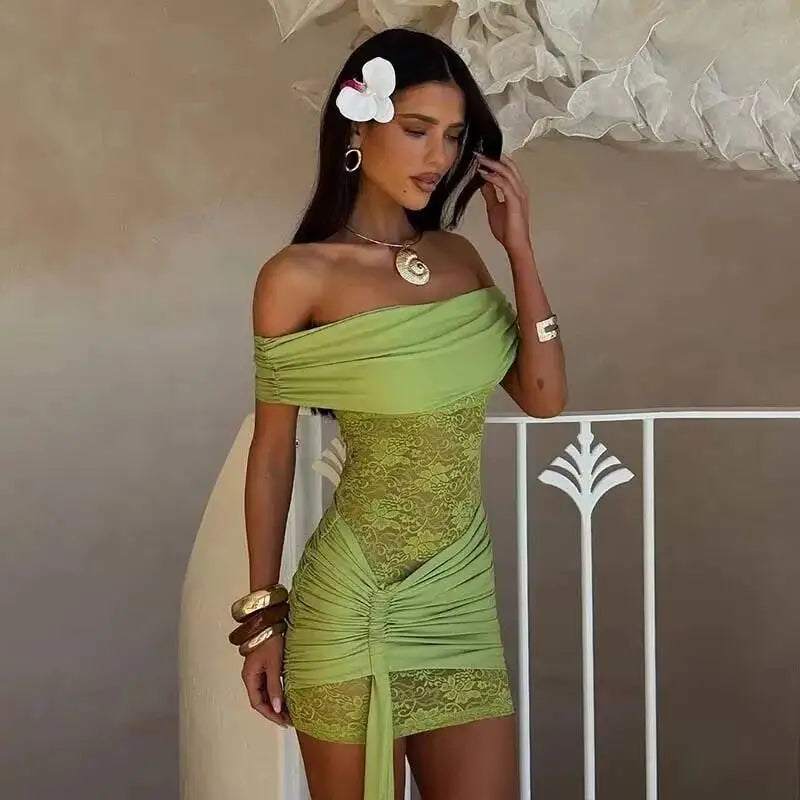 Townlike Pleated Slim Bodycon Dress Women Off Shoulder Mini  Dress Lace Patchwork Nightclub Sexy Party Dresses