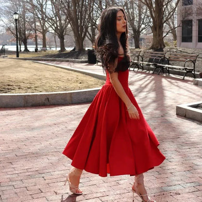Spaghetti Strap Summer Party Midi Dress Fit and Flare Elegant Night Date Dress