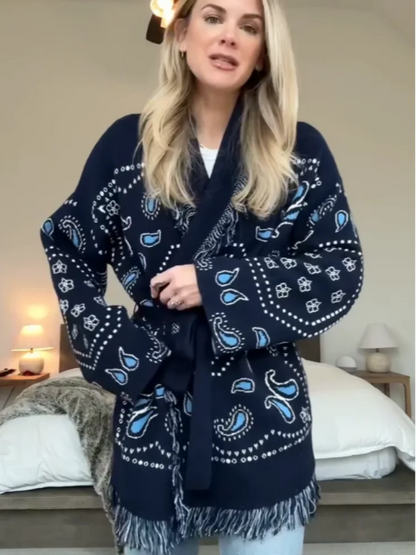 Women's Geometric Print Cardigan - Tassel Patchwork Knit Sweater