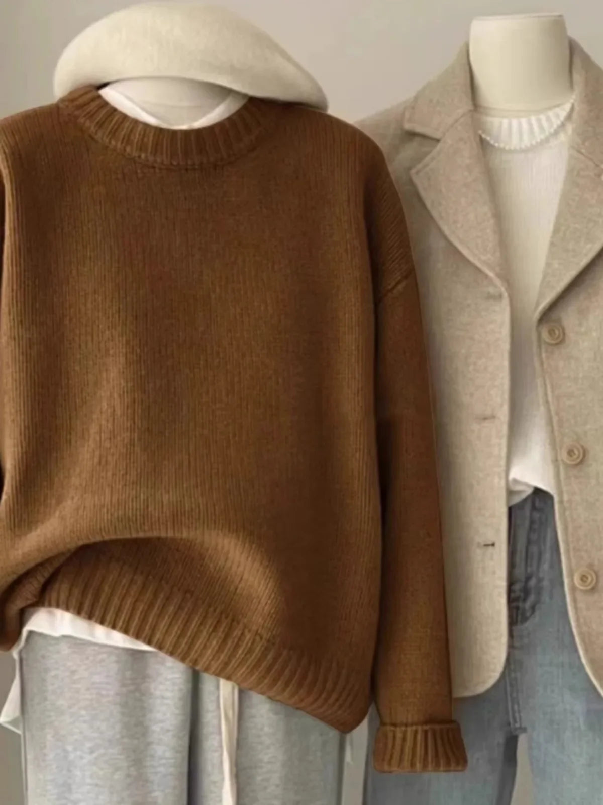 Round Neck Cashmere Sweater Long Sleeve Loose Fit Pullover