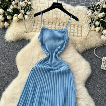 Knitted Pleated Midi Dress High Waist Sleeveless Sling Dress Women Bodycon Streetwear