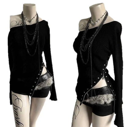 Y2K Gothic Women's Long-Sleeve T-Shirt Sexy Slim Fit Chic Slash Neck Zipper Design Crop Top Rock Punk Hip Hop Women's Streetwear