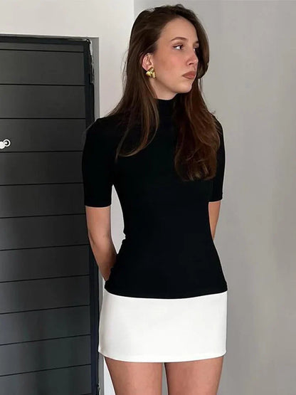Patchwork Turtleneck Short Sleeve Bodycon Mini Dress