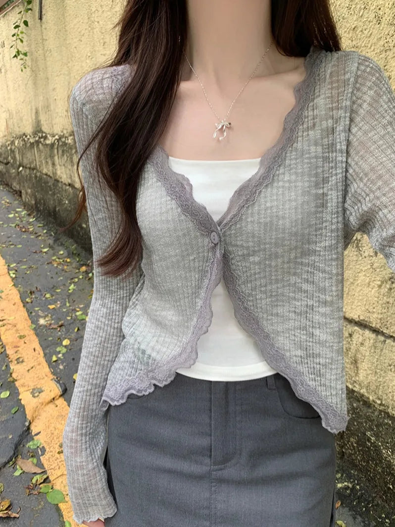 Women's Lace Trim Crop Cardigan - One Button Knit Top