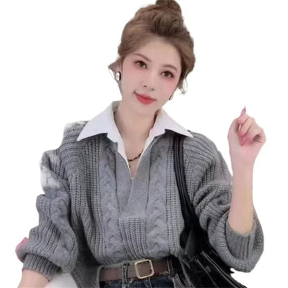Turn-Down Collar Layered Knit Sweater Long Sleeve Slim Fit