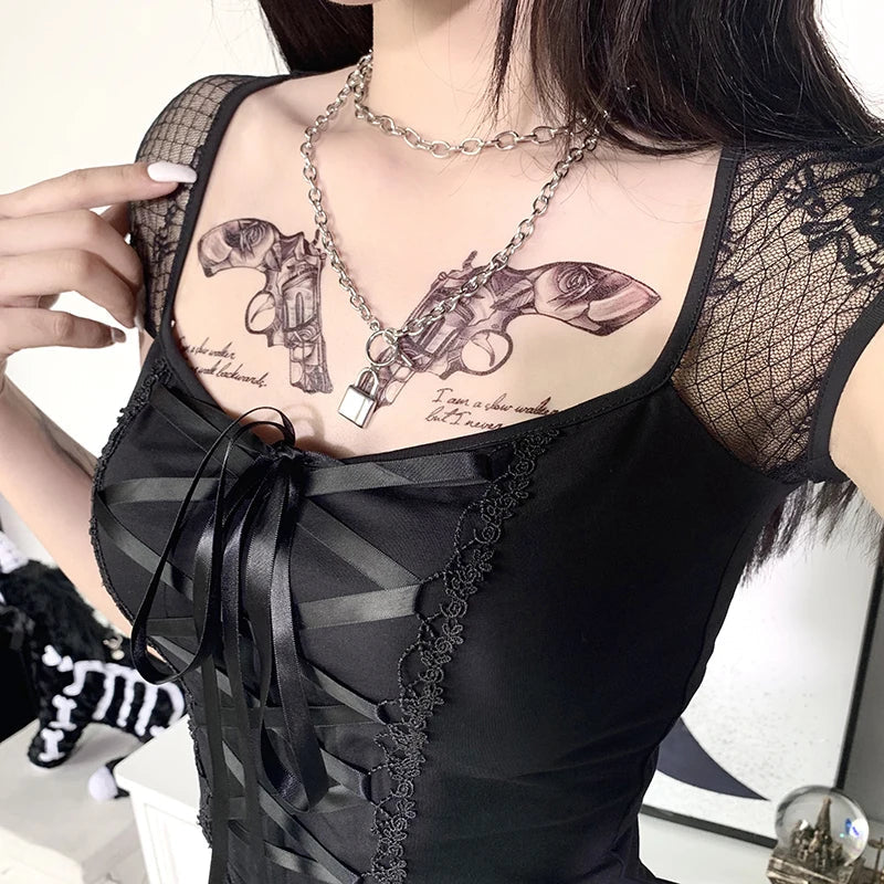 Gothic Lace Patchwork T-Shirt Women Turtleneck Short Sleeve Top