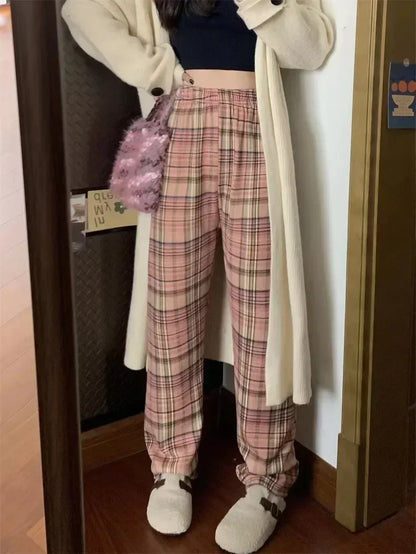 Plaid Wide Leg Plush Pants Warm Cashmere Loose Mid Waist Casual