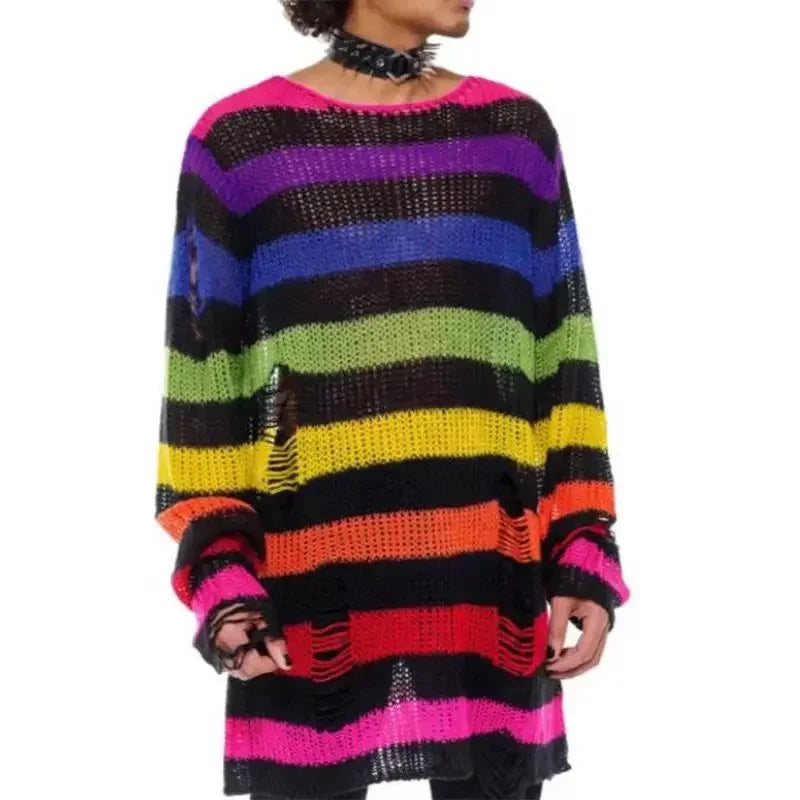 Round Neck Striped Ripped Knit Sweater Long Sleeve Loose Fit Pullover