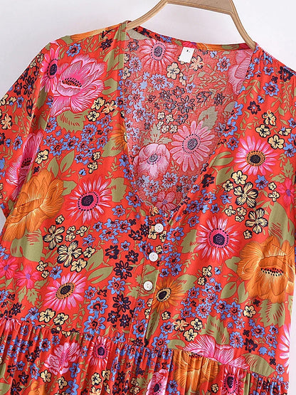 Women's Vintage Floral Print Boho Mini Dress