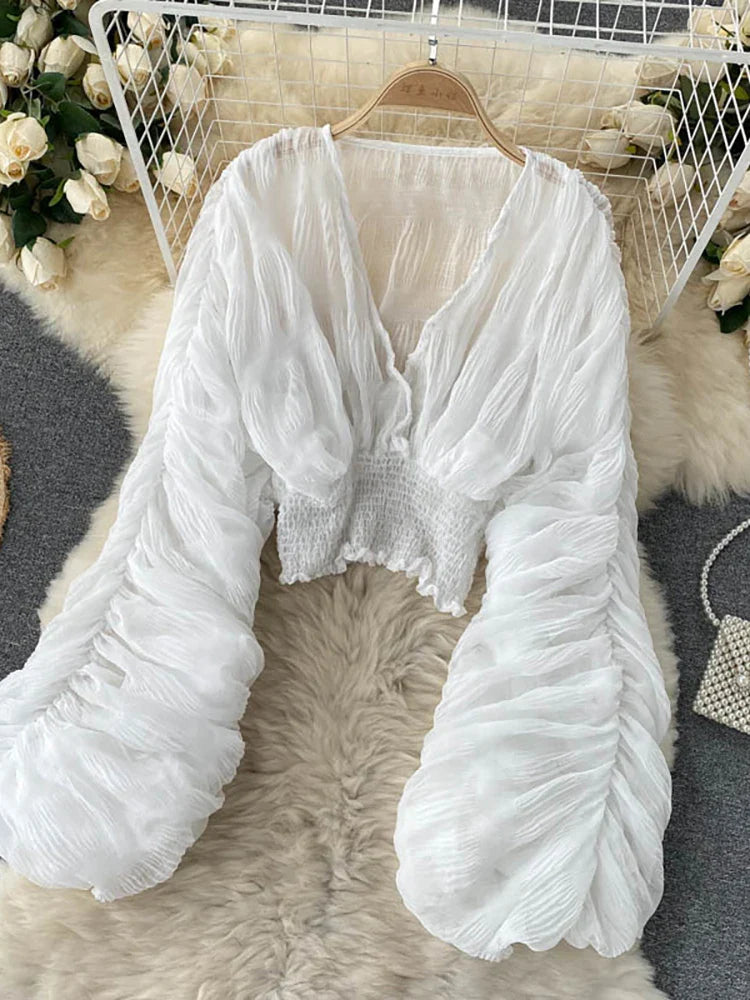 V-Neck Puff Sleeve Draped Chiffon Top