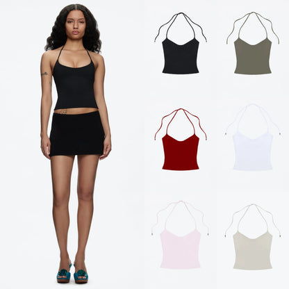 Tank Women's Open-Back Stretchy Camisole Top with Metal Accessories and Self-Tie Shoulder Straps, Low-Neck Sexy Halter Top
