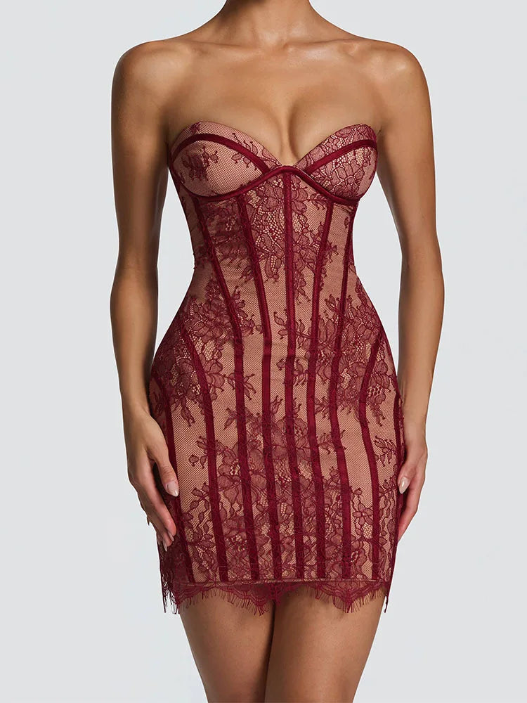 Women's Evening Dress - V-Neck Lace Patchwork Hollow Out Gown