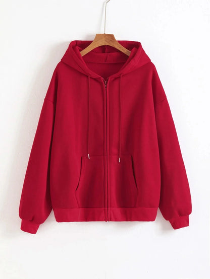 Hooded Zip-Up Fleece Jacket Long Sleeve Loose Fit with Fur Liner