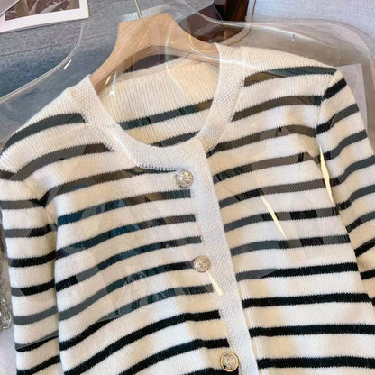Women's Stripe Knitted Cardigan - Long Sleeve Button-Up Sweater