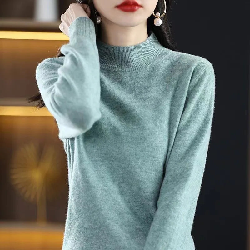 Mock Neck Cashmere Sweater Long Sleeve Loose Fit Pullover