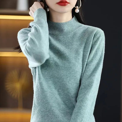 Mock Neck Cashmere Sweater Long Sleeve Loose Fit Pullover