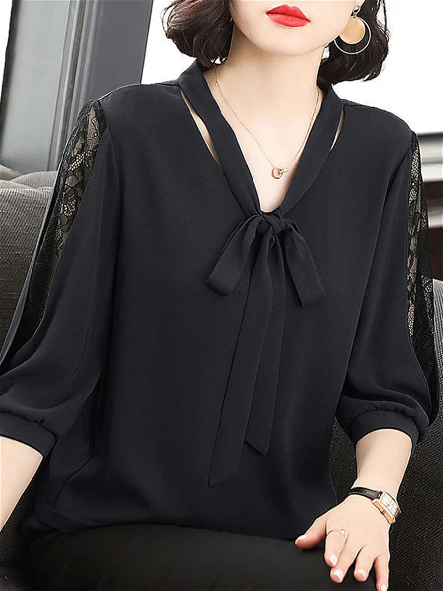 Women's Bow Blouse - Bow Collar Half Sleeve Loose Fit Top