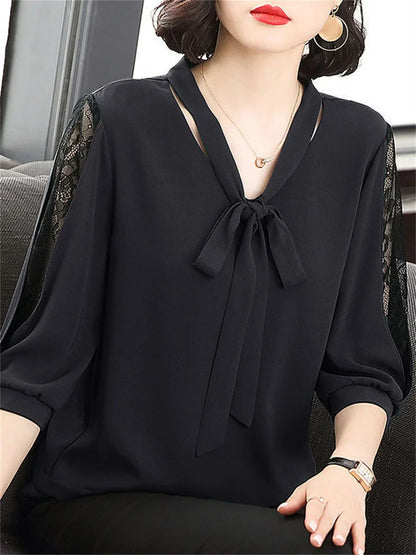 Women's Bow Blouse - Bow Collar Half Sleeve Loose Fit Top