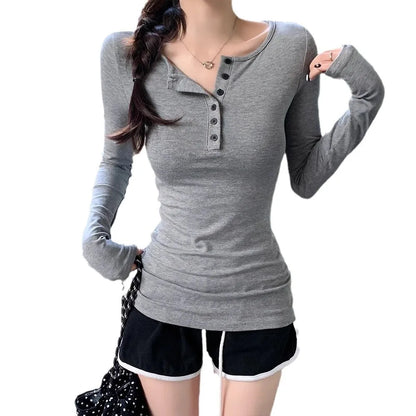 Women's O-Neck Long Sleeve T-Shirt Slim Fit Solid Color Casual Top
