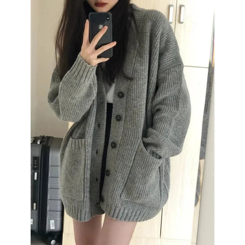 Women's Korean Style V-Neck Cardigan - Loose Fit Knit Sweater