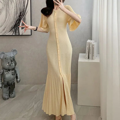 Fashionable Openwork French Slimming A-line Short-Sleeved Knitted Dress, Fishtail Long Dress for Women