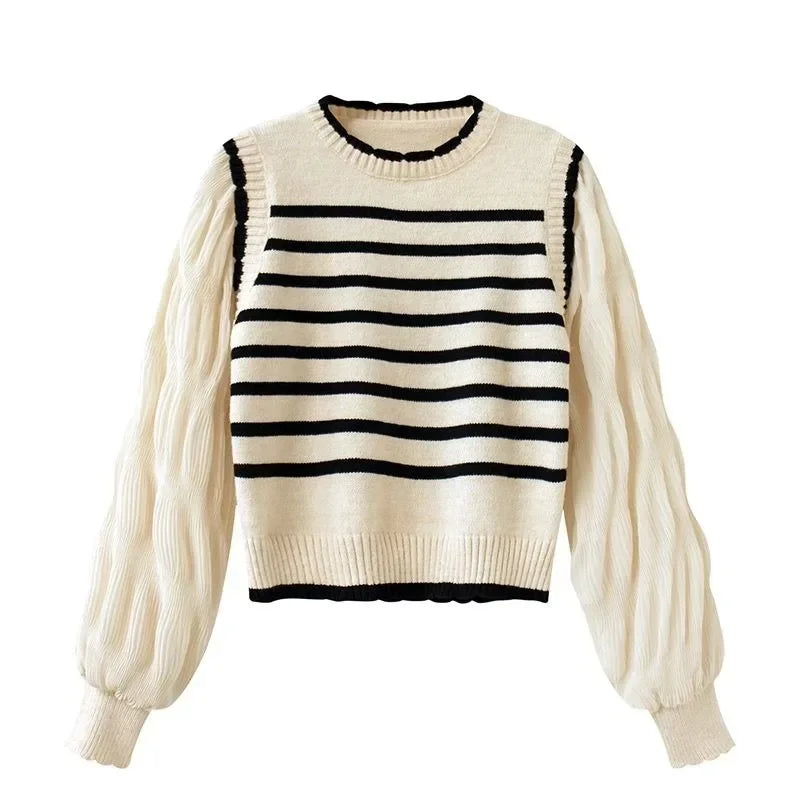 Striped Layered Knit Sweater Long Sleeve Loose Fit Pullover