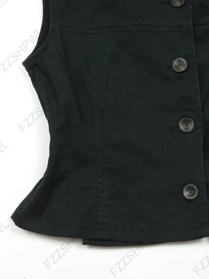 Turtleneck Sleeveless Button-Down Slim Crop Top