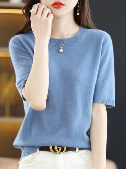 Round Neck Short Sleeve Knit Top Regular Fit Pullover