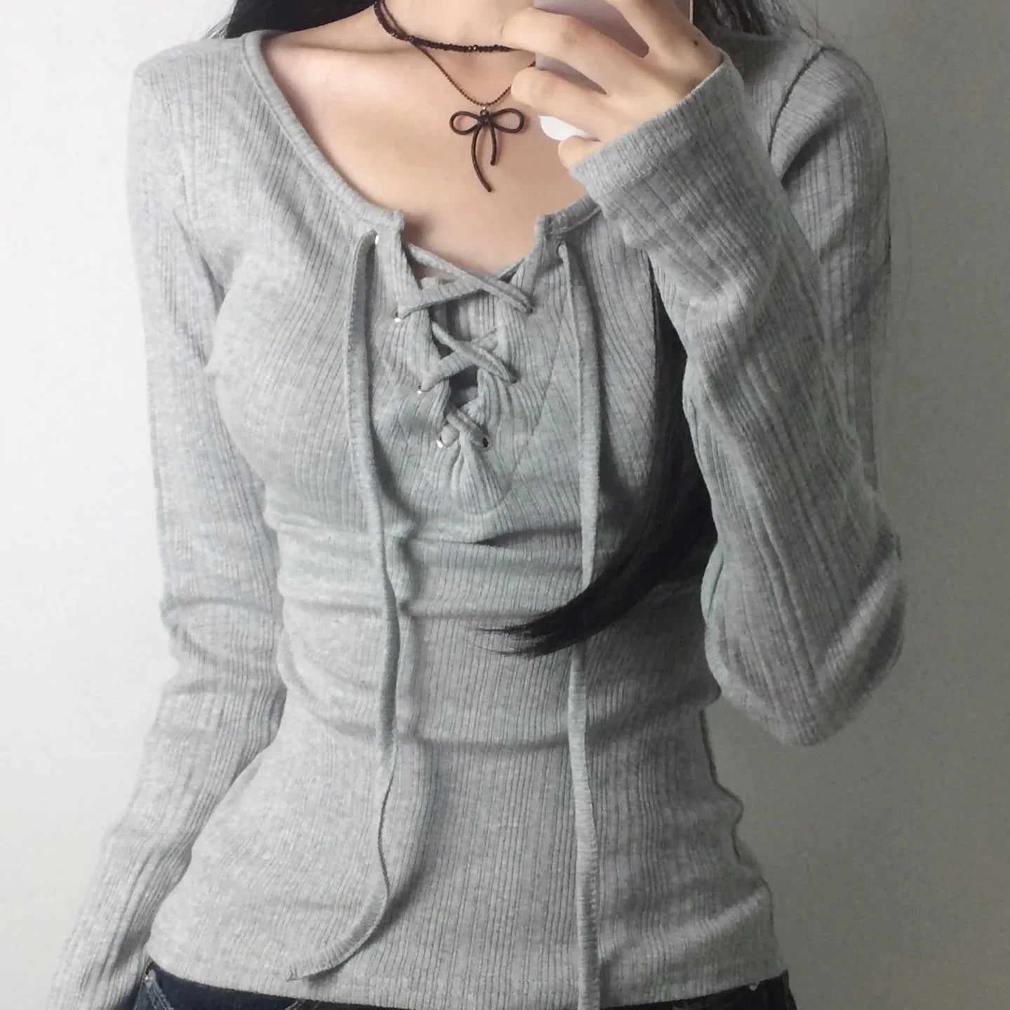 Women's Drawstring Grommet Long-Sleeve Top
