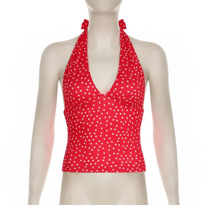 Heart Printed Halter Neck Tank Tops Women Sweet Sleeveless V-Neck Vest Y2k Slim Crop Tops Coquette