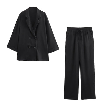 Turn-Down Collar Double-Breasted Blazer & Pants Set