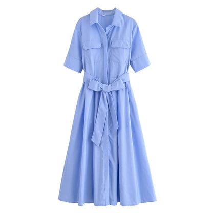 Women's Lapel Shirt Midi Dress with Belt
