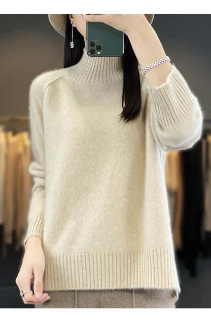 Turtleneck Cashmere Sweater Raglan Sleeve Loose Fit Pullover