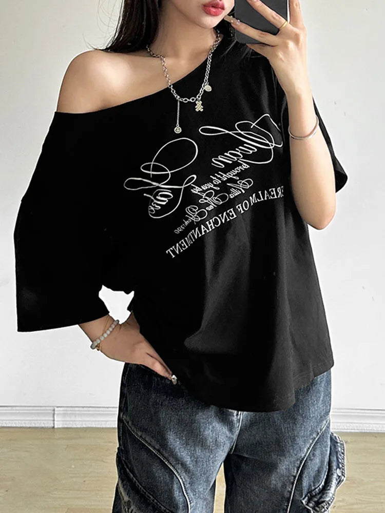 Skew Collar Drop Shoulder Letter Print Oversized Long Tee