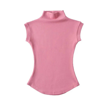 Turtleneck Sleeveless Slim Solid Stretch Tee