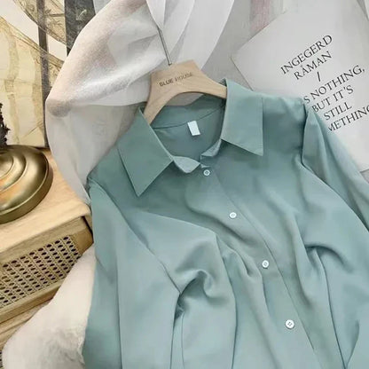 Women's Chiffon Button-Up Blouse - Loose Long Sleeve Shirt