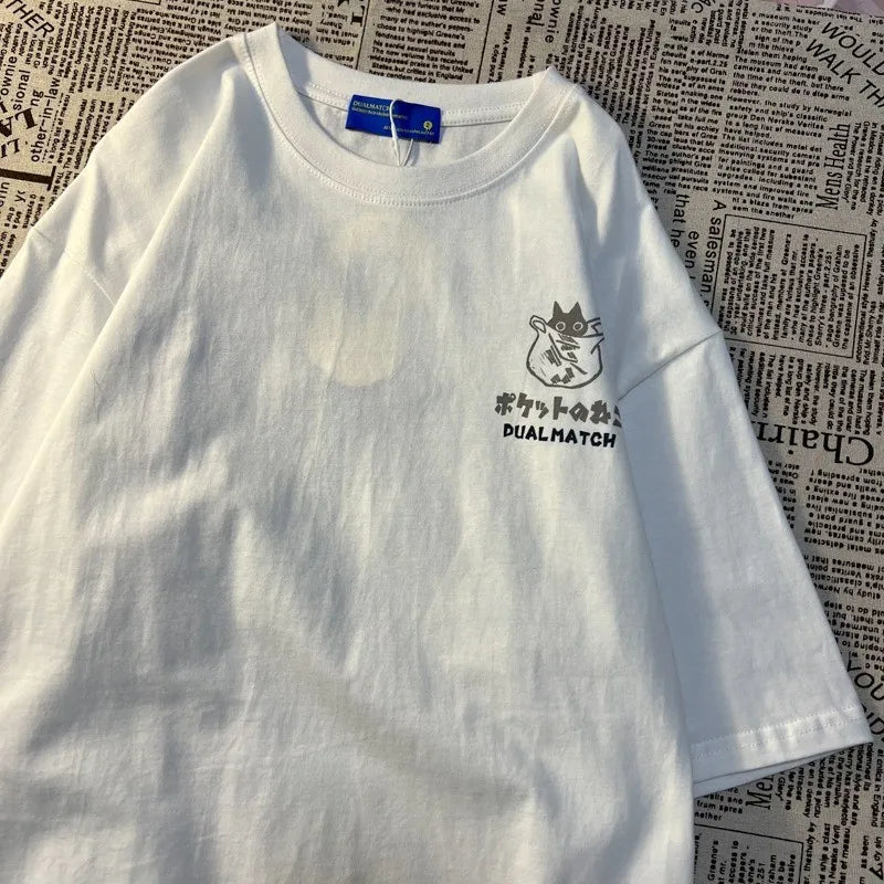 Japanese Retro Pocket Cat Print Oversized Tee
