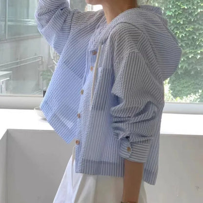 Striped Hooded Single-Breasted Long Sleeve Loose Shirt
