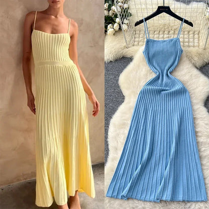 Knitted Pleated Midi Dress High Waist Sleeveless Sling Dress Women Bodycon Streetwear