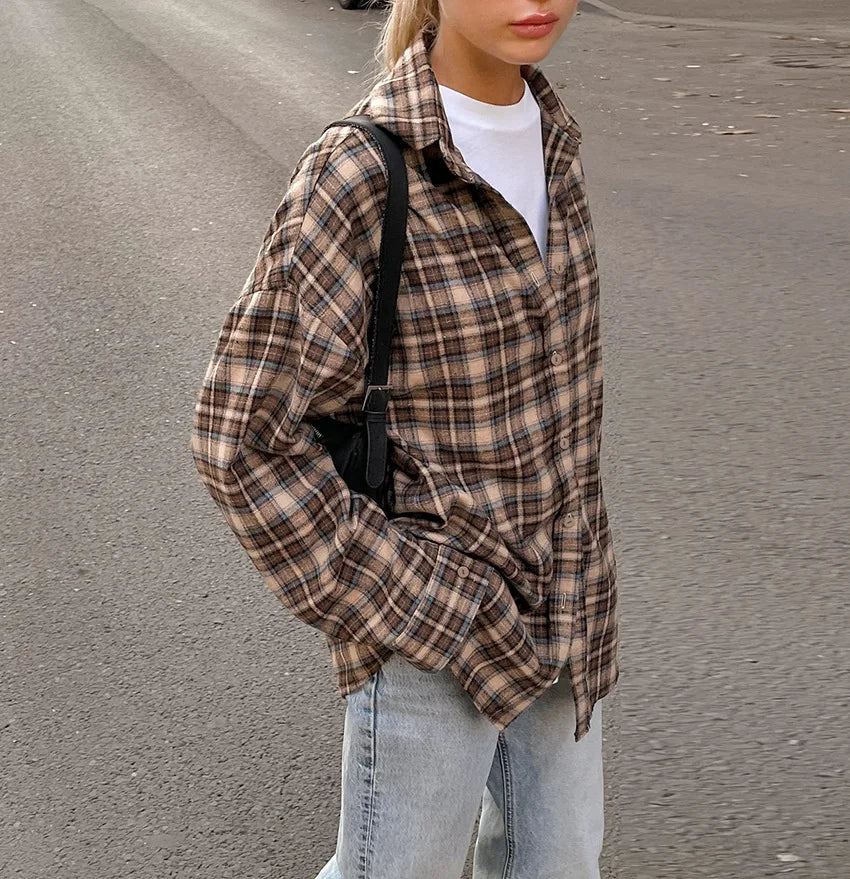 Vintage Plaid Long Sleeve Blouse with Ruffles
