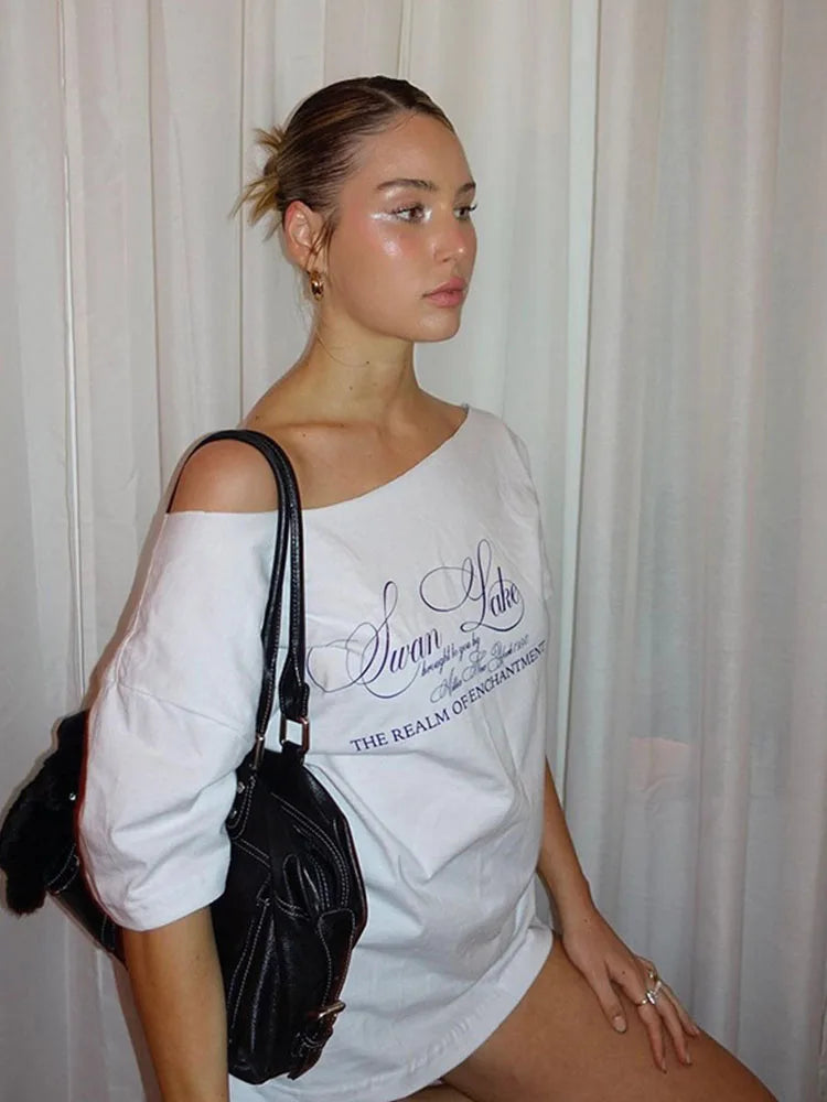 Skew Collar Drop Shoulder Letter Print Oversized Long Tee