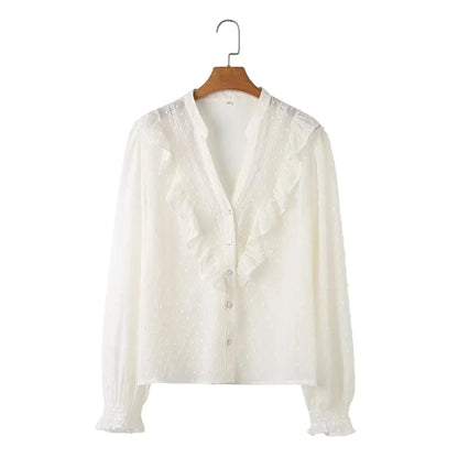 2026 Spring Summer Women French Fashion Chiffon Shirts Ruffle Design Single-breasted Vintage Blouses