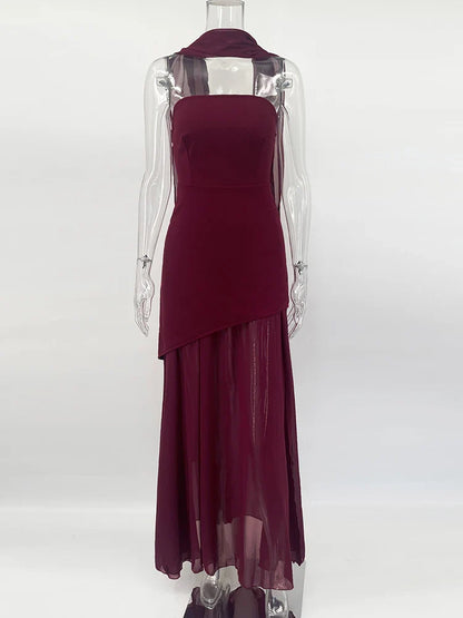 Strapless Mesh Maxi Dress Sleeveless Ribbon Patchwork Beach Vacation