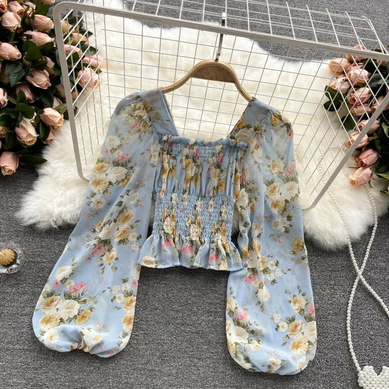 Pink Floral Chiffon Blouse Women Square Collar Lantern Sleeve Korean Fashion