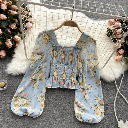 Pink Floral Chiffon Blouse Women Square Collar Lantern Sleeve Korean Fashion