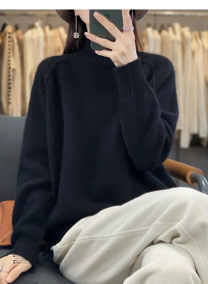 Turtleneck Cashmere Sweater Raglan Sleeve Loose Fit Pullover