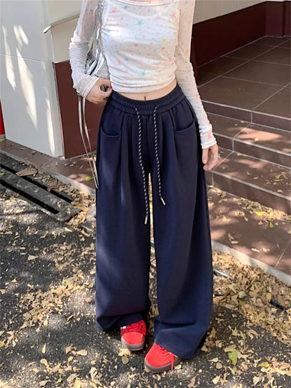 High Waist Straight Wide Leg Pants Loose Fit Pockets Elastic Waist