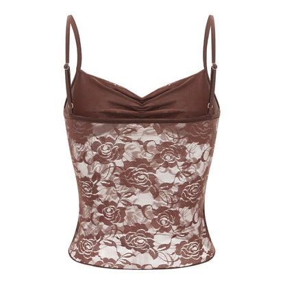 Women's Summer Lace Cami Tops Sleeveless Ruched Front Solid Color Camisole Slim Fit Tank Tops