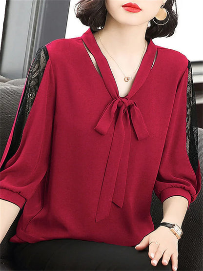 Women's Bow Blouse - Bow Collar Half Sleeve Loose Fit Top